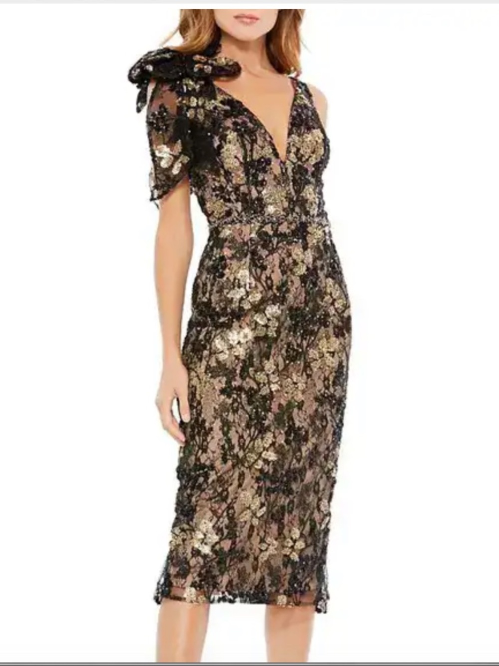Mac Duggal Floral Embellished V-Neck Midi Dress - Size 10
